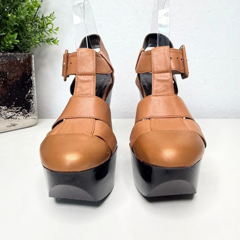Robert Clergerie Wedge Sandals‎ Tan Leather Platform Architectural 39.5 FR/9US